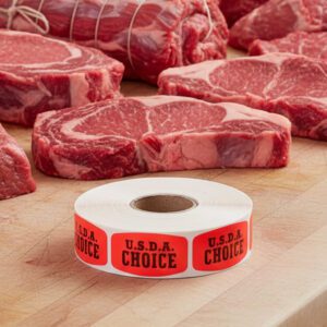 USDA choice sticker on a red label with black text