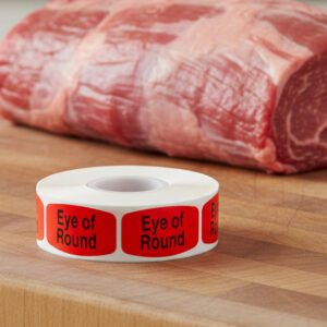 eye of round sticker on a red label with black print