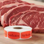 sirloin sticker on a red label with black text