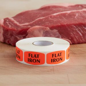flat iron sticker on a red label with black print