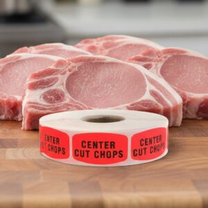 center cut chops sticker on a red label with black print