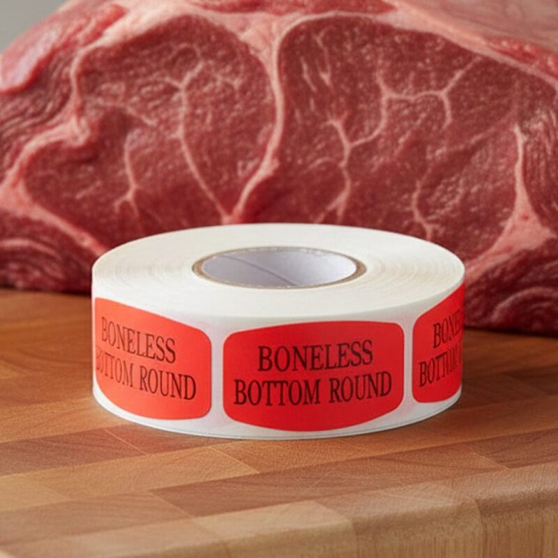 540170-Boneless-Bottom-Round-Label-Butcher-Sticker boneless bottom round sticker on a red label with black print