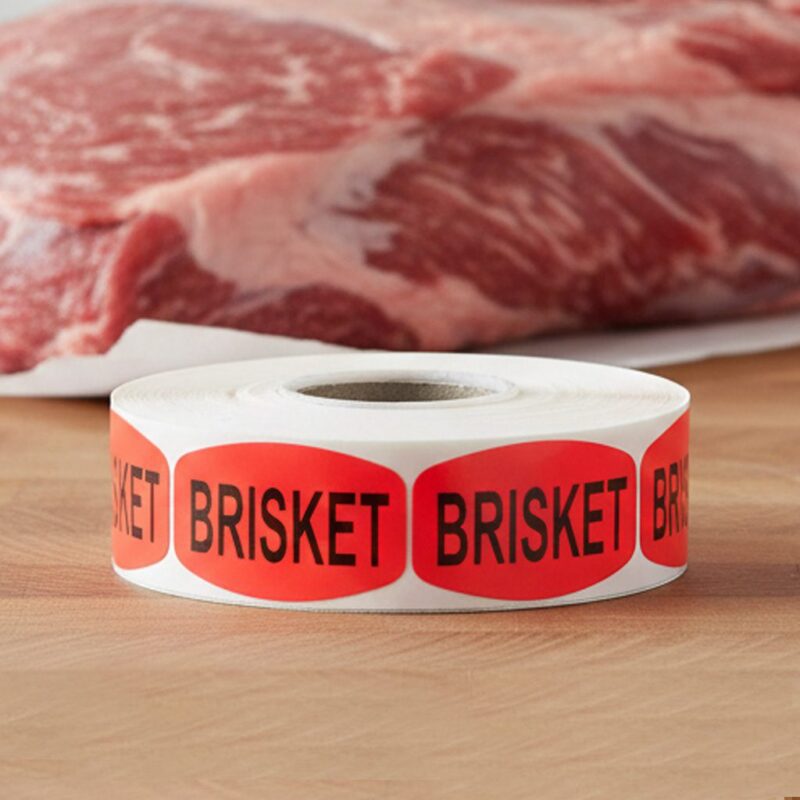 540171-Brisket-Day-Glo-Label brisket sticker on a red label with black print