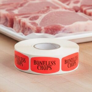 boneless chops sticker on a red label with black print