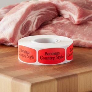 boneless country style sticker on a red label with black print