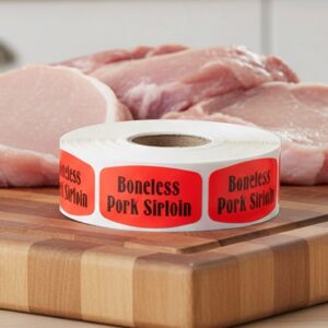 boneless pork sirloin sticker on a red label with black print