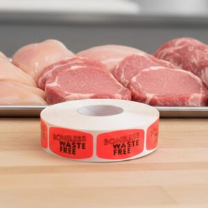 boneless waste free sticker on a red label with black print