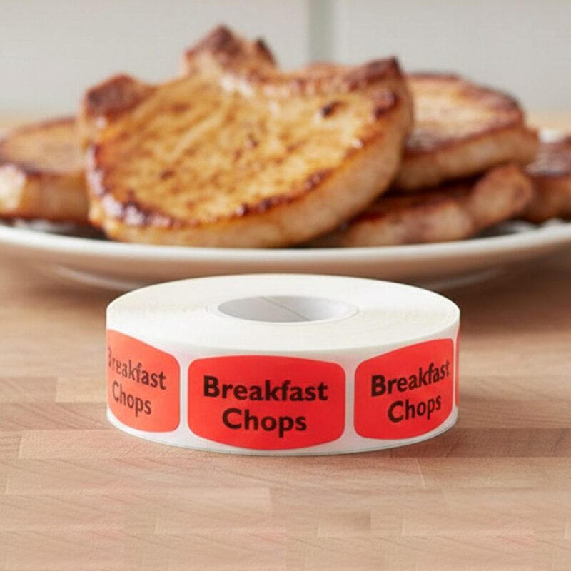 540186-Breakfast-Chops-Label breakfast chops sticker on a red label with black print