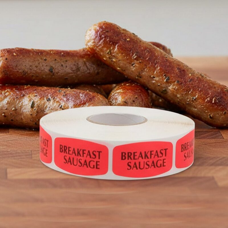 breakfast sausage sticker on a red label with black print