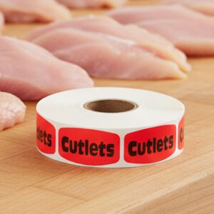 cutlets sticker on a red label with black print