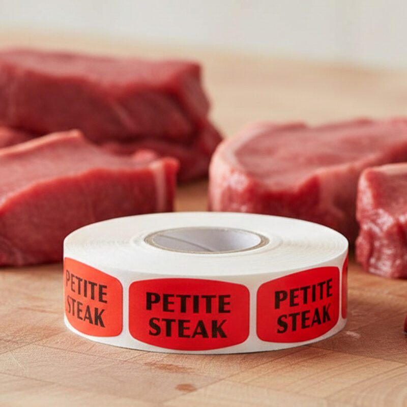 540212-Petite-Steak-Label petite steak sticker on a red label with black text