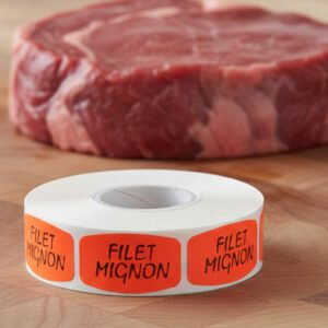 filet mignon sticker on a red label with black print