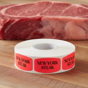 new york steak sticker on a red label with black text