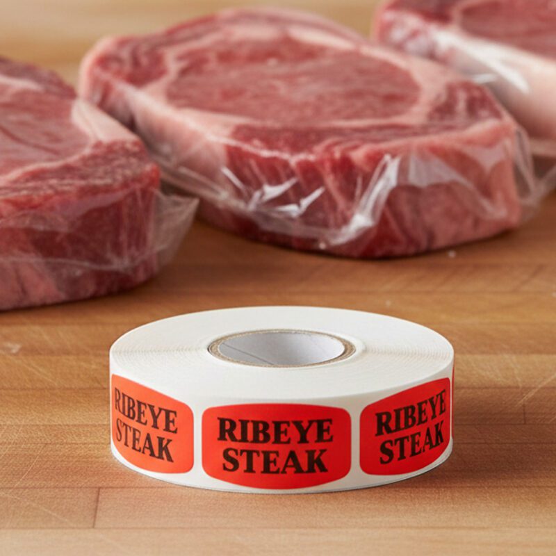 ribeye steak sticker on a red label with black text