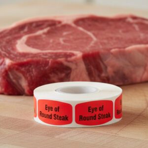 eye of round steak sticker on a red label with black print