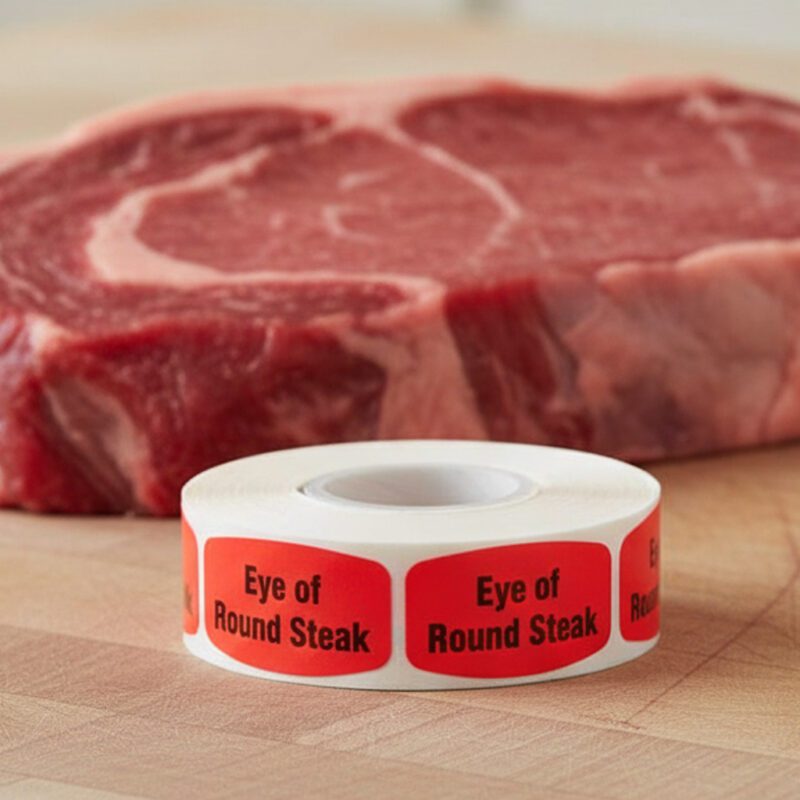 eye of round steak sticker on a red label with black print