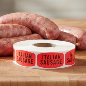 Italian sausage sticker on a red label with black print