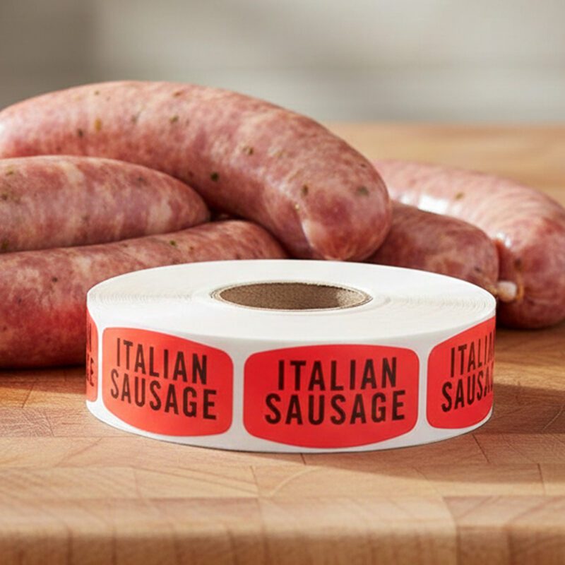 Italian sausage sticker on a red label with black print