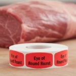 eye of round roast sticker on a red label with black print