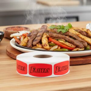 fajitas sticker on a red label with black print