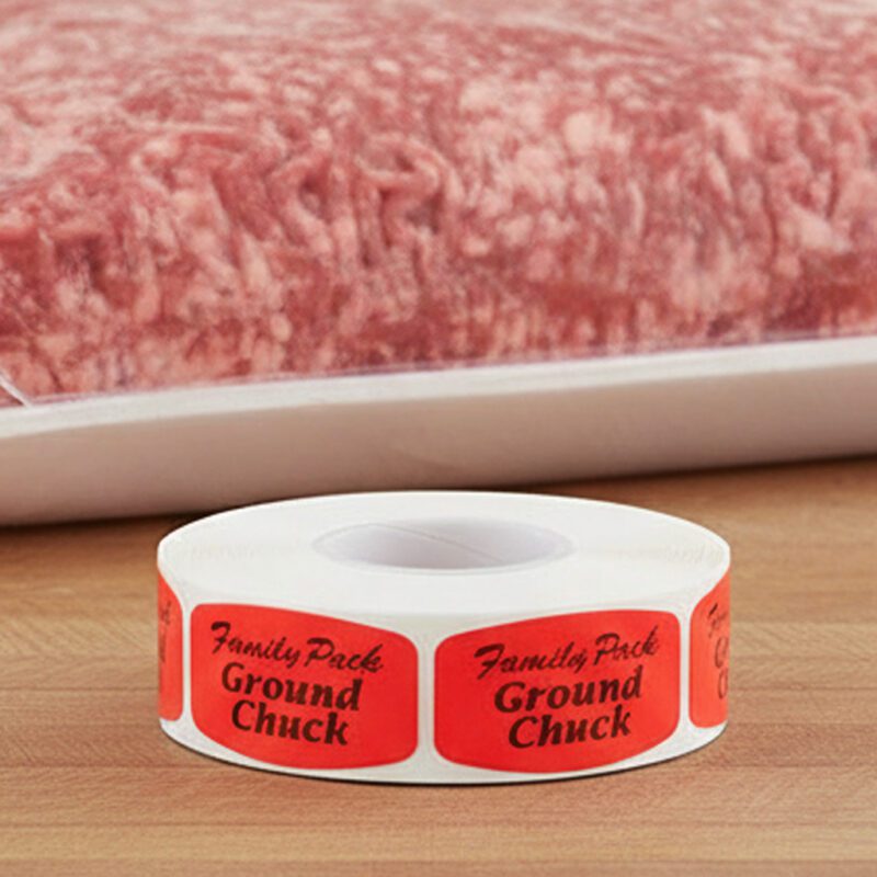 540245-Family-Pack-Ground-Chuck-Label family pack ground chuck sticker on a red label with black print