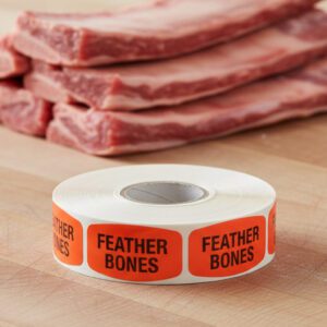feather bones sticker on a red label with black print