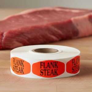 flank steak sticker on a red label with black print