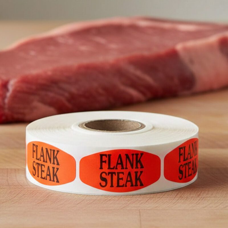 540248-Flank-Steak-Label flank steak sticker on a red label with black print