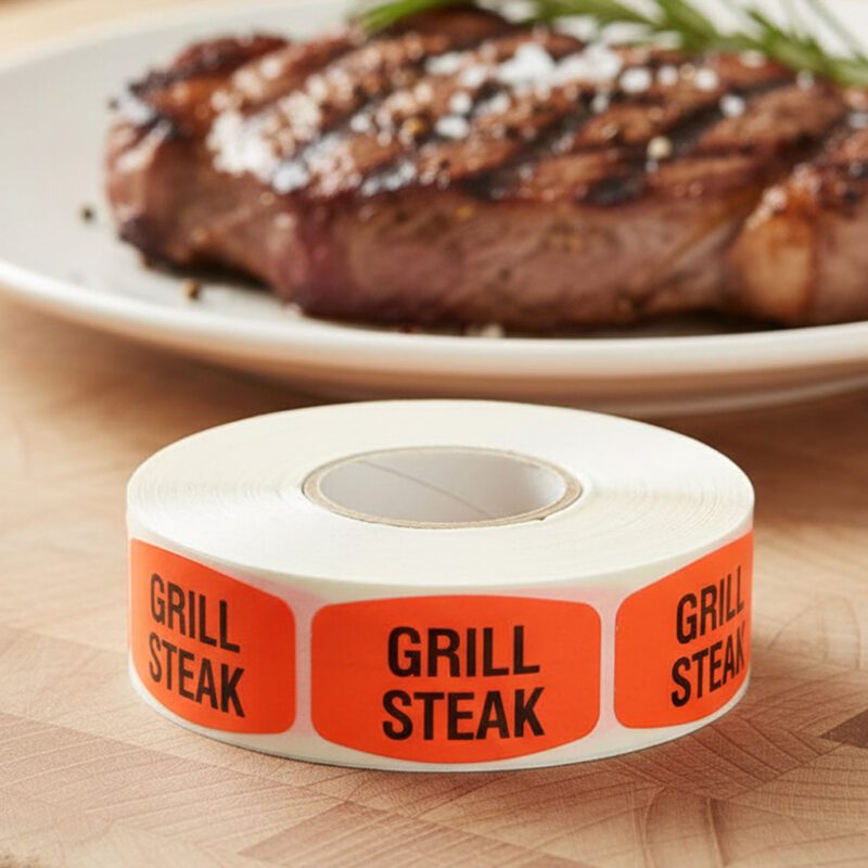grill steak sticker on a red label with black print