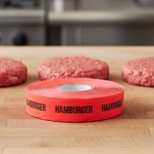 hamburger sticker on a red label with black print