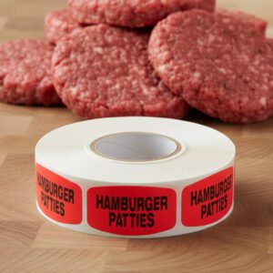 hamburger patties sticker on a red label with black print