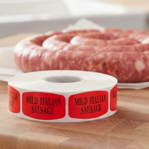 mild italian sausage sticker on a red label with black text