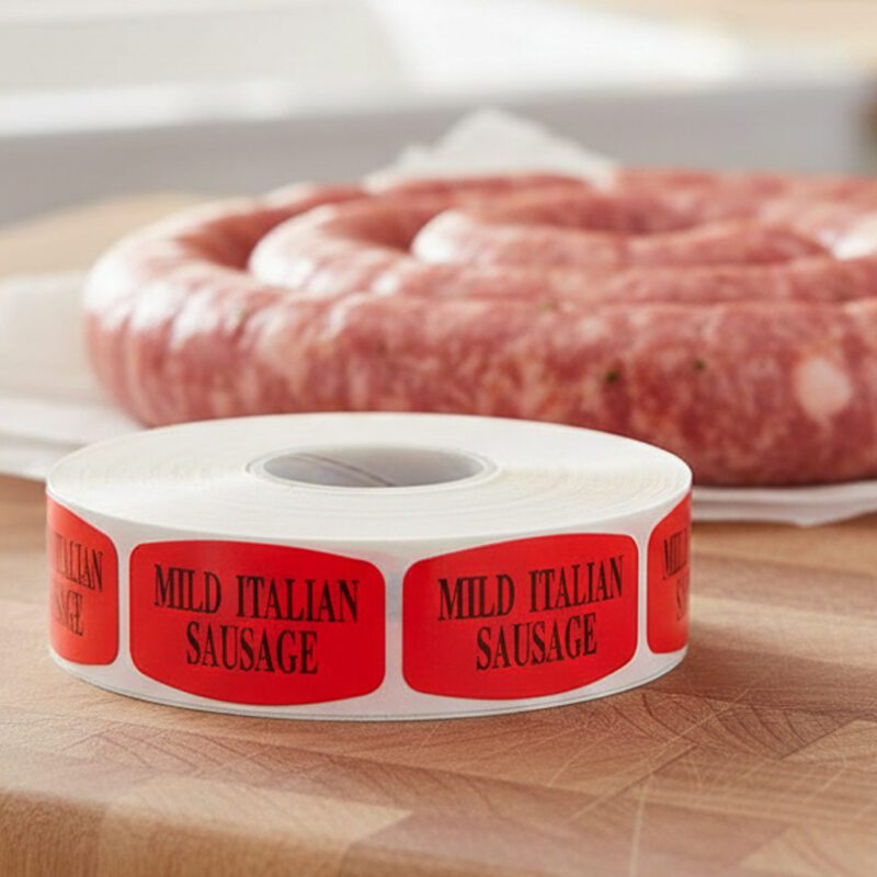 mild italian sausage sticker on a red label with black text