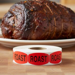 roast sticker on a red label with black text