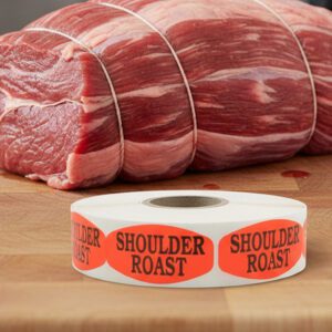 shoulder roast sticker on a red label with black text