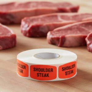 shoulder steak sticker on a red label with black text