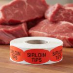 sirloin tip sticker on a red label with black text