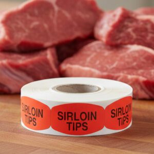 sirloin tip sticker on a red label with black text