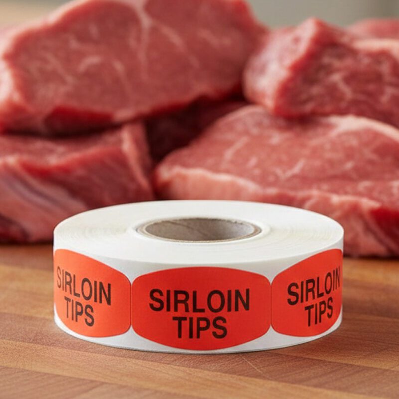 sirloin tip sticker on a red label with black text