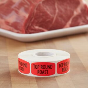 Top Round Roast Butcher sticker red identification label with black print on a roll of stickers