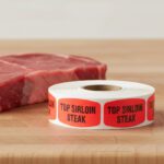 Top sirloin Steak sticker on a red label with black print
