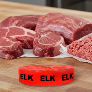 elk sticker on a red label with black print