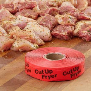 cut up fryer sticker on a red label with black print
