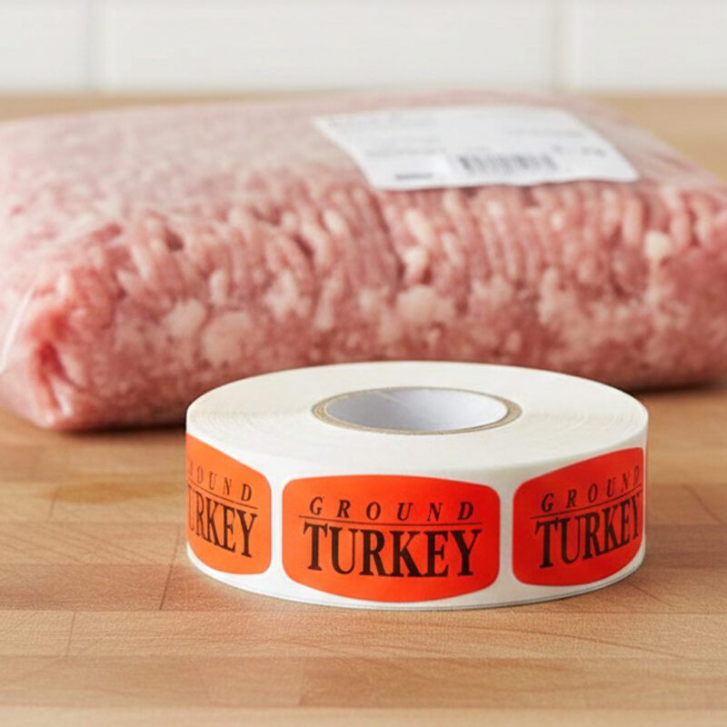 550030-Ground-Turkey-Label ground turkey sticker on a red label with black print