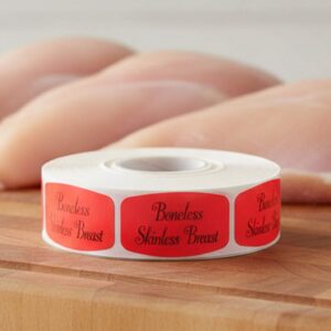 boneless skinless breast sticker on a red label with black print