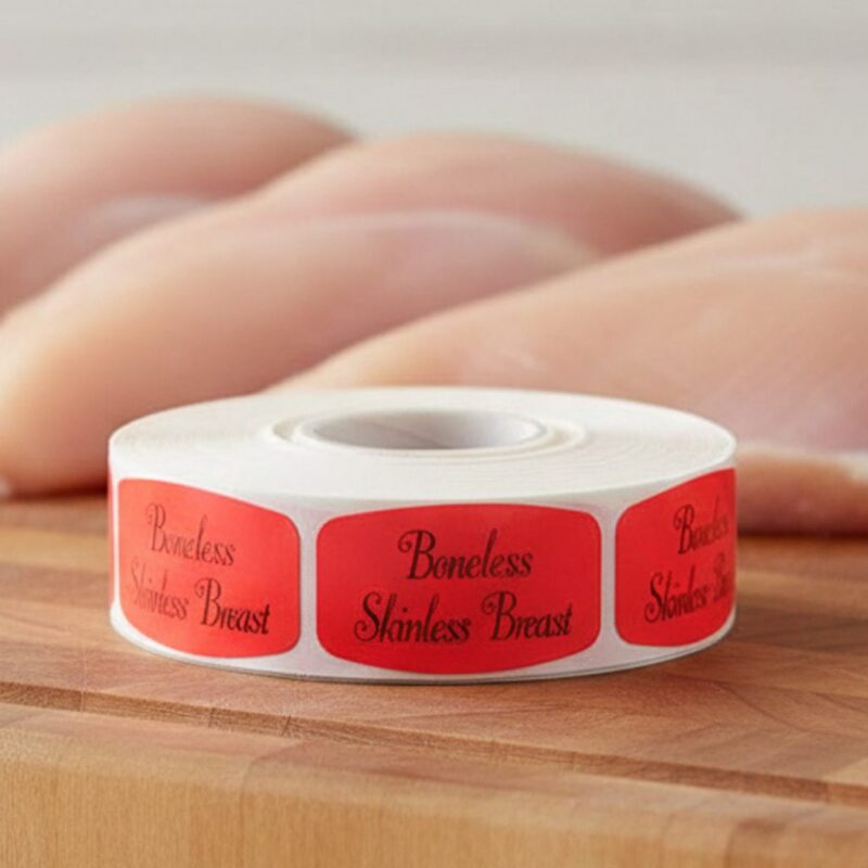 550066-Boneless-Skinless-Breast-Label boneless skinless breast sticker on a red label with black print