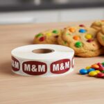 M&M label with brown background and with white text. Stickers shown on roll with M&M cookie son background