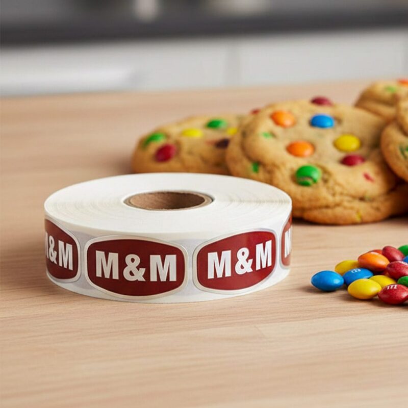 560010-M-and-M-Label-Bakery-Flavor-Stickers M&M label with brown background and with white text. Stickers shown on roll with M&M cookie son background