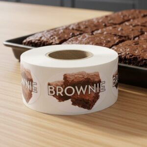 brownie sticker with brownies shown on the label