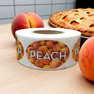 peach sticker with peaches in the background of the label